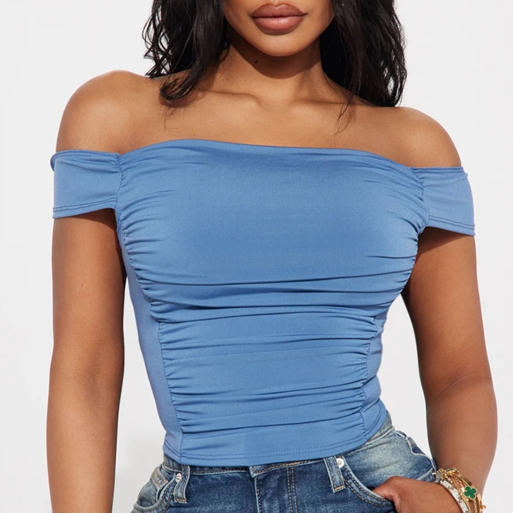 Y2k Blue off the shoulder crop top